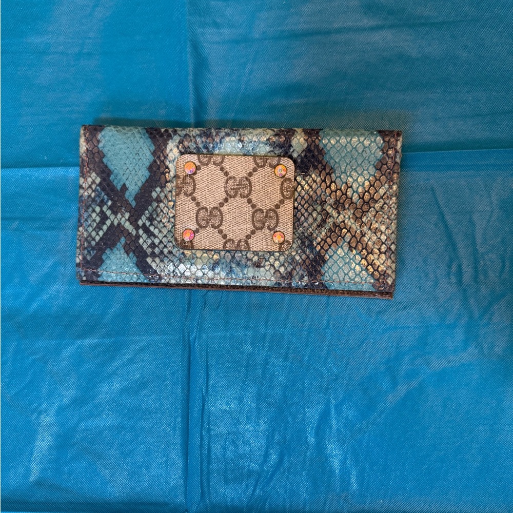 Blue Snakeskin Checkbook Wallet with GG Logo Plaque